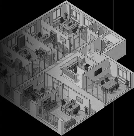 Isometric cutaway of the five-office portfolio