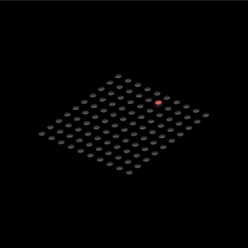 Isometric grid of dots with a single highlighted node